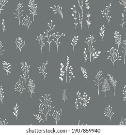 Seamless pattern. Set of wild plants on gray background