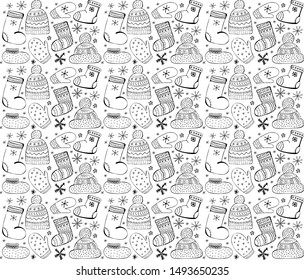 Seamless pattern set of winter warm clothes. Mittens, socks, hat, gaiters, shoes. Black and white, monochrome decor line. Scrawl. Hipster Fashion Vector. Hand drawn sketch