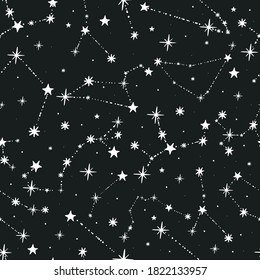 Seamless pattern from a set of zodiac constellations. White stars on a black sky background. Astrological cover. Abstract view through a telescope. Vector illustration.