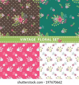Seamless  pattern set.Cute floral stylized arrangement in retro style with polka dot.Vintage vector illustration