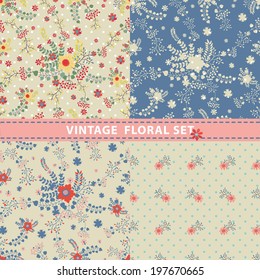 Seamless pattern set.Cute floral stylized arrangement in retro style with polka dot.Vintage vector illustration