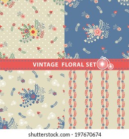 Seamless  pattern set.Cute floral stylized arrangement in retro style with polka dot.Vintage vector illustration