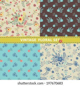 Seamless  pattern set.Cute floral stylized arrangement in retro style with retro bicycle.Vintage vector illustration