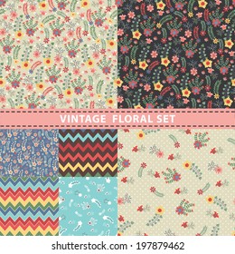 Seamless pattern set.Cute floral stylized arrangement in retro style with geometric strip zigzags. Vintage vector illustration