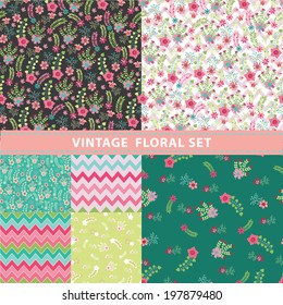 Seamless  pattern set.Cute floral stylized arrangement in retro style with geometric strip zigzags. Vintage vector illustration