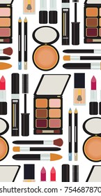 Seamless pattern sets of cosmetics for makeup. Blush, powder, lip lip, blox for lips, shadows, pallets, mascara, make-up brushes. Beauty. glamour, fashion, self-care, women's day, spa beauty salon.