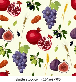 seamless pattern with seven species of Israel: wheat, barley, pomegranate, grapes, figs, olives, dates. 