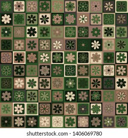 Seamless pattern. Seven-petal flowers on a checkered background. Multicolor motley texture including green shades. Camouflage style.