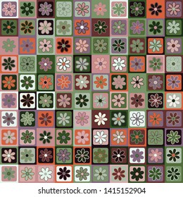 Seamless pattern. Seven-petal flowers on a checkered background. Multicolor motley texture including green shades. Camouflage style.