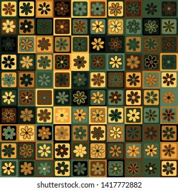 Seamless pattern. Seven-petal flowers on a checkered background. Multicolor motley texture including green shades. Camouflage style.