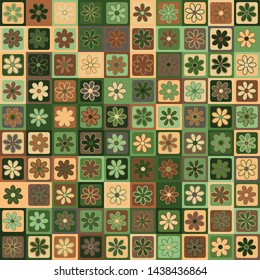 Seamless pattern. Seven-petal flowers on a checkered background. Multicolor motley texture including green shades. Camouflage style.