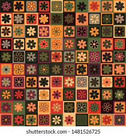 Seamless pattern. Seven-petal flowers on a checkered background. Multicolor motley texture including green shades. Camouflage style.
