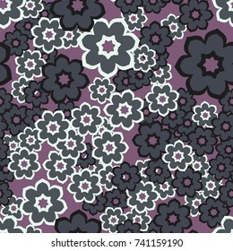 Seamless pattern. Seven-petalled stylized flowers. Chaotic spread.