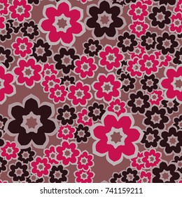 Seamless pattern. Seven-petalled stylized flowers. Chaotic spread.