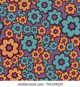 Seamless pattern. Seven-petalled stylized flowers. Chaotic spread.