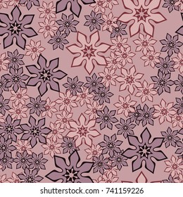 Seamless pattern. Seven-petalled stylized flowers. Chaotic spread.