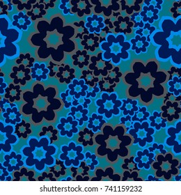 Seamless pattern. Seven-petalled stylized flowers. Chaotic spread.