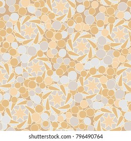 Seamless pattern of seven-pointed stars, round spots and vortex rings.
