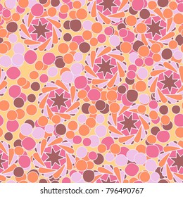 Seamless pattern of seven-pointed stars, round spots and vortex rings.
