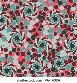Seamless pattern of seven-pointed stars, round spots and vortex rings.