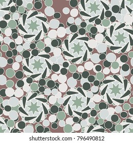 Seamless pattern of seven-pointed stars, round spots and vortex rings.