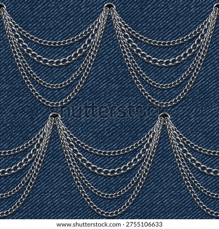 Seamless pattern with several curving, dangling metal chains in a row against blue denim texture. Print in vintage style for clothing, textile fashion design