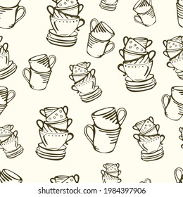 
Seamless pattern with several different cups, one into the other, vector, stylized hand drawing, isolated line on white background. Element for your design menu, cafe, restaurant, kitchen, fabric.