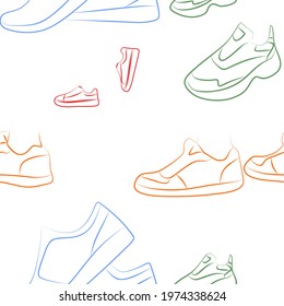 Seamless pattern with several pairs of shoes. Fashion and Style. Vector sketch of shoes. Modern vector graphics.