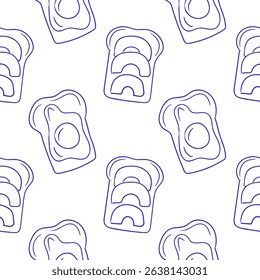 Seamless pattern Several slices of toast with fried eggs and fresh avocado on a white background in a modern design