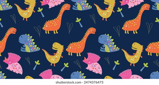 Seamless pattern with several types of dinosaurs on a dark background. Cute dinosaurs with a Dinosaur Day theme. It can be used for wrapping paper, gift wrapping, textiles, etc.