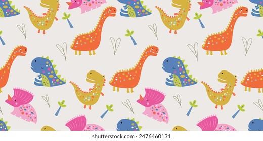 Seamless pattern with several types of dinosaurs on a light background. Cute dinosaurs with a Dinosaur Day theme. It can be used for wrapping paper, gift wrapping, textiles, etc.