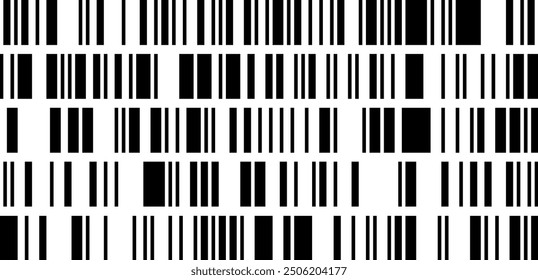 Seamless pattern with several vertical barcodes. Simple black and white vector bg. 2 bit image of machine coding for marking goods and reading by scanner. Irregular thin and thick lines