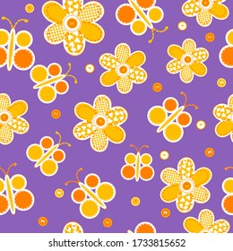 Seamless pattern with sewed butterflies and flowers