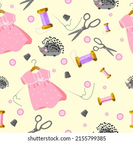 Seamless pattern with sewing accessories baby dress scissors sewing needle thimble spool of thread Cute pattern in pastel colors Vector