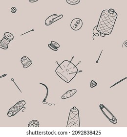 Seamless pattern with sewing accessories in doodle style on brown background