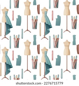 Seamless pattern with sewing accessories. Dress on a mannequin, fabric, clothing pattern. Great for fabric, wallpaper, paper.