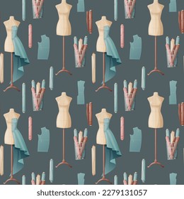 Seamless pattern with sewing accessories. Dress on a mannequin, fabric, clothing pattern. Great for fabric, wallpaper, paper.