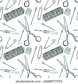 Seamless pattern with sewing accessories - hand drawn vector illustration.