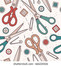 Seamless pattern with sewing accessories, hand drawn icons. Colorful elements, sewing tools collection. Scissors, pins and buttons. Decorative overlapping backdrop, good for printing