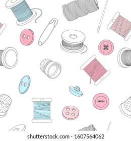 Seamless pattern with sewing accessories on a white background. Spools of thread, buttons and sewing needles, pins. Vector illustration in sketch style.