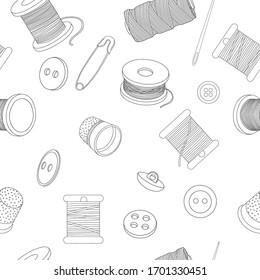 Seamless pattern with sewing accessories. Spools of thread, buttons and sewing needles, pins. Vector illustration in sketch style. Black outline on a white background.