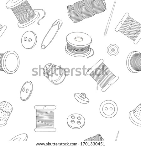 Seamless pattern with sewing accessories. Spools of thread, buttons and sewing needles, pins. Vector illustration in sketch style. Black outline on a white background.