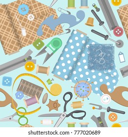 Seamless pattern. Sewing accessories. Top view. Clothing designer tools. (view from above)