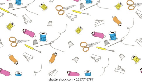 Seamless pattern of sewing accessories. Vector graphics of coils, pins, thimble. Background for fabric, textiles, paper, Wallpaper.