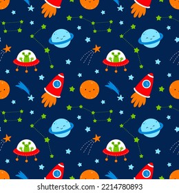 Seamless pattern for sewing baby clothing and printing on fabric. Space adventure. Rocket, planet and ufo. Printing on fabric and wrapping paper Wallpaper in nursery.