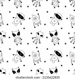 Seamless pattern for sewing children clothes. Cute robot in doodle style. Coloring book. Endless wallpaper in nursery. Background for printing on fabric and wrapping paper.
