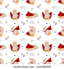 Patrón sin costura para coser ropa infantil e imprimir en tela. Un superhéroe lindo. Héroe vestido de rojo. Papel de pared sin fin en guardería.
