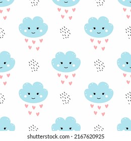 Patrón sin costura para la costura de ropa para niños. Nube azul sobre fondo blanco. Papel tapiz en vivero. Cuta ilustración del doodle. Llueve el corazón.