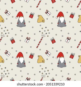 Seamless pattern sewing clothes and printing packaging paper. Cute Christmas dwarf. Gift and fireworks