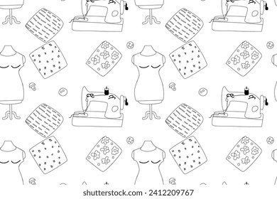 Seamless pattern with sewing elements cloth, sewing machines, pins.